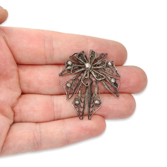Vintage Fine Silver Cannetille Bow Brooch Pin Intricate Filigree Openwork Estate - Picture 3 of 5